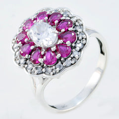 Nisa silver floral ring with bright pink gem halo and center clear stone multicolor gemstone statement ring