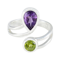 Elena multicolor gemstone toi et moi ring with pear-shaped purple and round green stones set in silver band