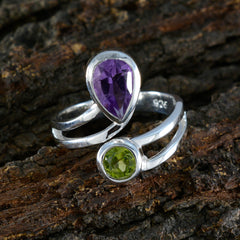 Elena multicolor gemstone toi et moi ring with purple and green stones set in silver band