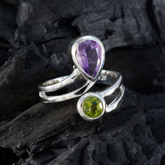 Elena multicolor gemstone toi et moi ring with purple pear and green round stones in silver band