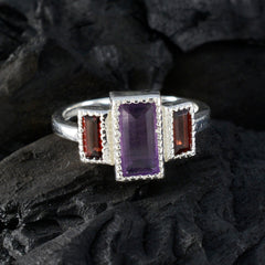 Constanza multicolor gemstone trilogy ring with rectangular purple and red stones in silver setting