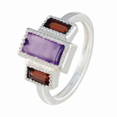 Constanza multicolor gemstone trilogy ring with purple and red rectangular gemstones in silver setting