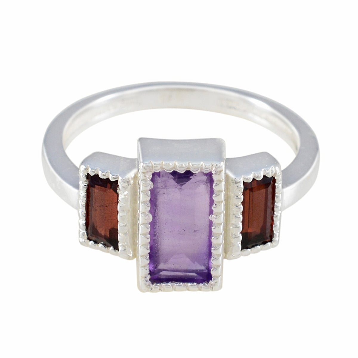 Constanza multicolor gemstone trilogy ring with rectangular purple and red gemstones set in silver band