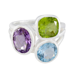 Autumn multicolor gemstone trilogy ring in sterling silver with amethyst peridot and blue topaz