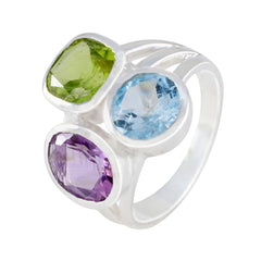 Autumn multicolor gemstone trilogy ring sterling silver band with peridot blue topaz amethyst