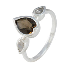 Xiu silver multicolor gemstone trilogy ring with pear shaped dark brown center stone and two smaller pear moonstones