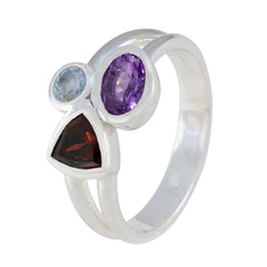 Nia sterling silver ring with amethyst garnet and aquamarine multicolor gemstone trilogy ring