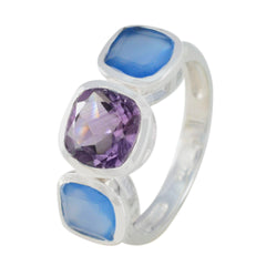 Siti silver ring with purple amethyst center and two blue chalcedony stones multicolor gemstone trilogy ring