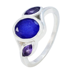 Putri silver multicolor gemstone trilogy ring with central deep blue oval stone and two purple marquise accents