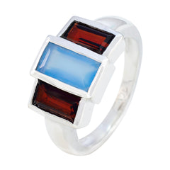 Florencia multicolor gemstone trilogy ring with blue and red rectangular stones set in silver band