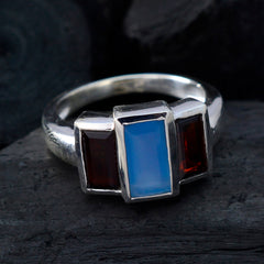 Florencia multicolor gemstone trilogy ring with rectangular blue and red stones in silver band