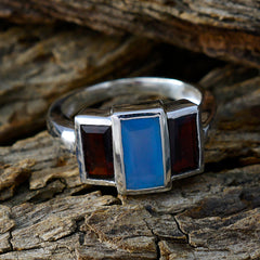 Florencia multicolor gemstone trilogy ring with rectangular blue and red stones set in silver band