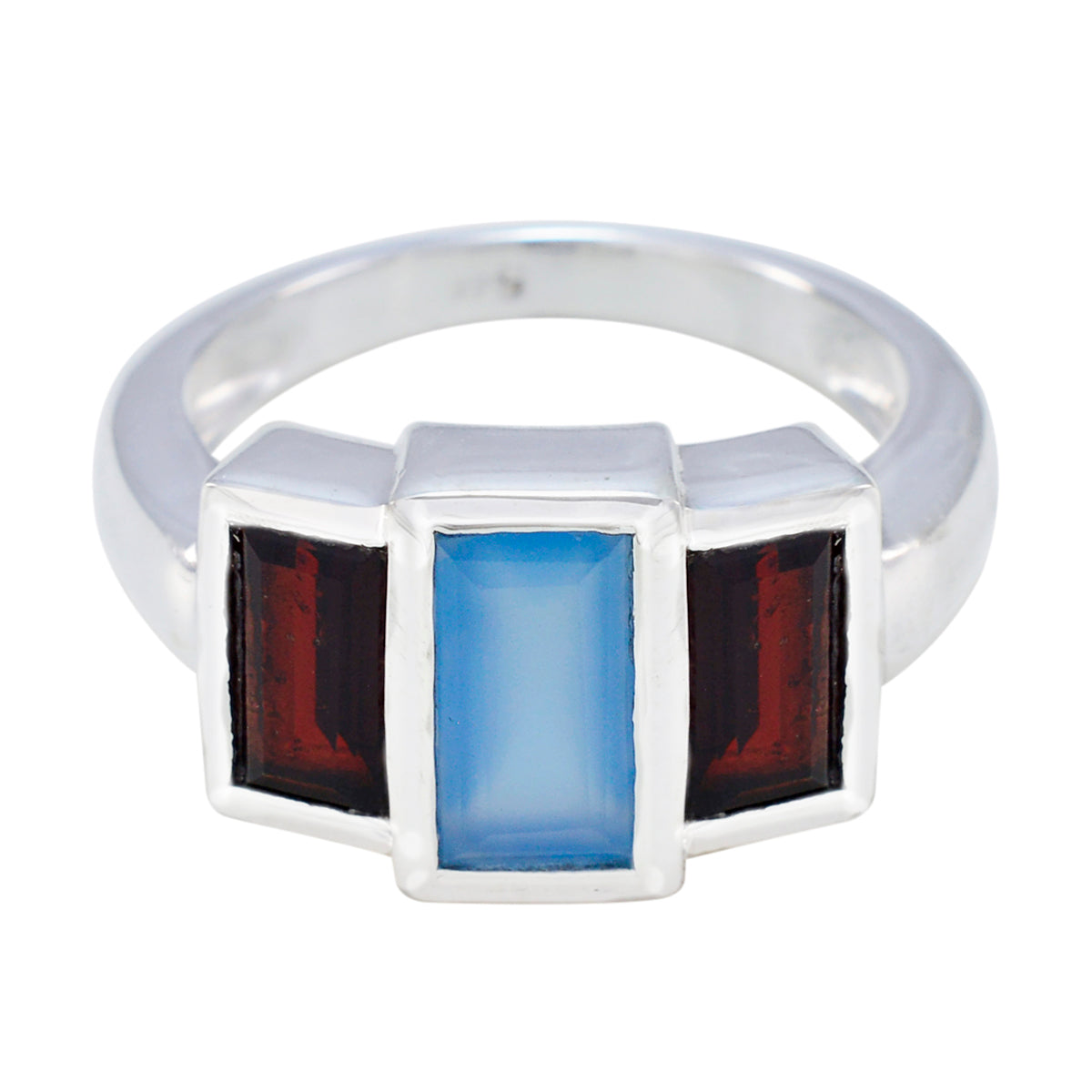 Florencia multicolor gemstone trilogy ring with blue center stone and two dark red side stones in silver band