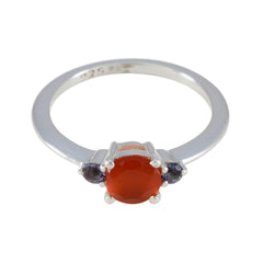 Kristine silver multicolor gemstone trilogy ring with central red gemstone and two smaller purple stones