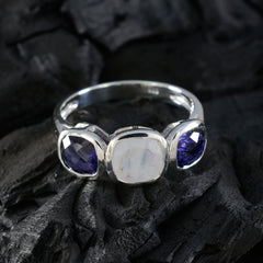 Maria multicolor gemstone trilogy ring with two purple stones and one white stone on silver band