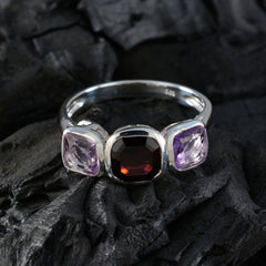 Mariana multicolor gemstone trilogy ring with purple and red stones set on silver band