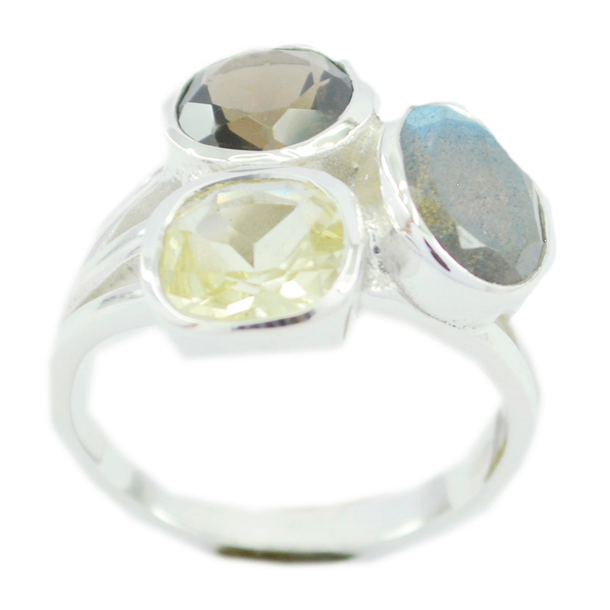Liyana multicolor gemstone trilogy ring with three distinct oval gemstones set in silver band