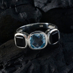 Nisa multicolor gemstone trilogy ring with two black stones and one blue gemstone in silver setting