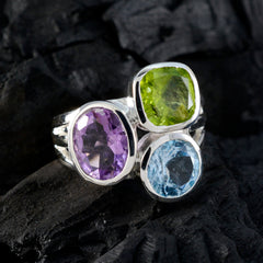 Autumn silver multicolor gemstone trilogy ring with green peridot purple amethyst and blue aquamarine