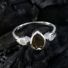 Xiu silver multicolor gemstone trilogy ring featuring pear smoky quartz center with two moonstone side stones