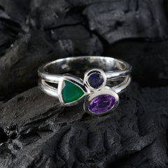 Laura sterling silver multicolor gemstone trilogy ring with green triangle and two purple stones on split band