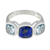 Luisa multicolor gemstone trilogy ring with blue lapis and light blue gemstones set in silver band
