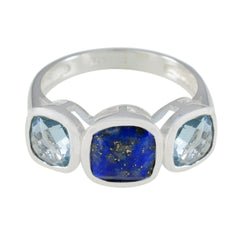 Luisa multicolor gemstone trilogy ring with blue lapis and light blue gemstones set in silver band