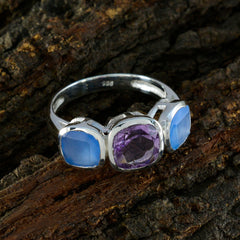 Siti multicolor gemstone trilogy ring with center purple amethyst and two blue chalcedony on sterling silver band