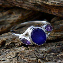 Putri multicolor gemstone trilogy ring in sterling silver with deep blue center cabochon and two purple side stones