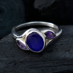 Putri multicolor gemstone trilogy ring silver band with central deep blue faceted stone and two purple marquise stones