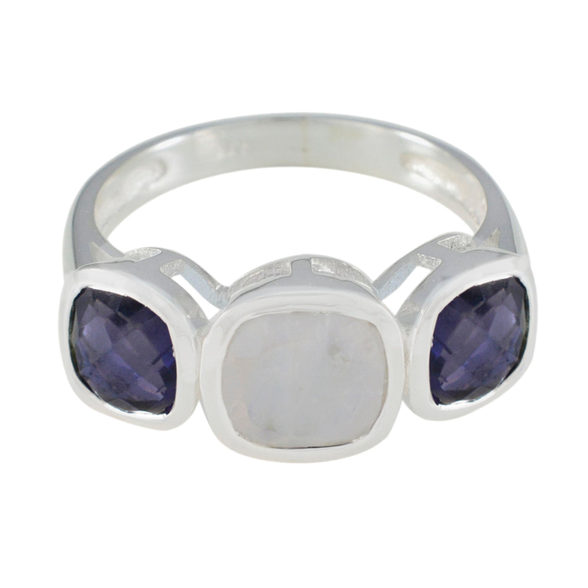 Maria multicolor gemstone trilogy ring with two purple and one white gemstone set in silver band
