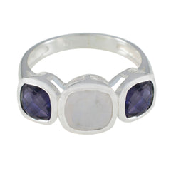 Maria multicolor gemstone trilogy ring with two purple and one white gemstone set in silver band