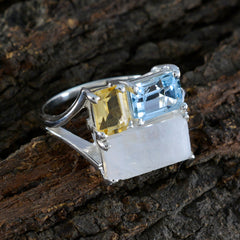 Maya multicolor gemstone trilogy ring with yellow, blue, and white gemstones set in silver