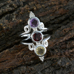 Priya multicolor gemstone trilogy ring with purple, red, and yellow stones in silver setting