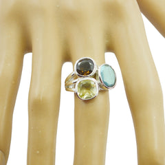 Liyana multicolor gemstone trilogy ring with three distinct colored stones on silver band
