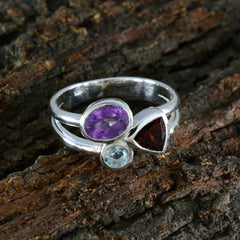Nia silver multicolor gemstone trilogy ring with amethyst garnet and aquamarine set in sterling band