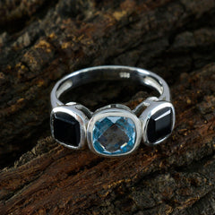 Nisa multicolor gemstone trilogy ring with blue and black stones set in silver band