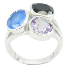 Pauline multicolor gemstone trilogy ring sterling silver band with three faceted blue black and light purple stones