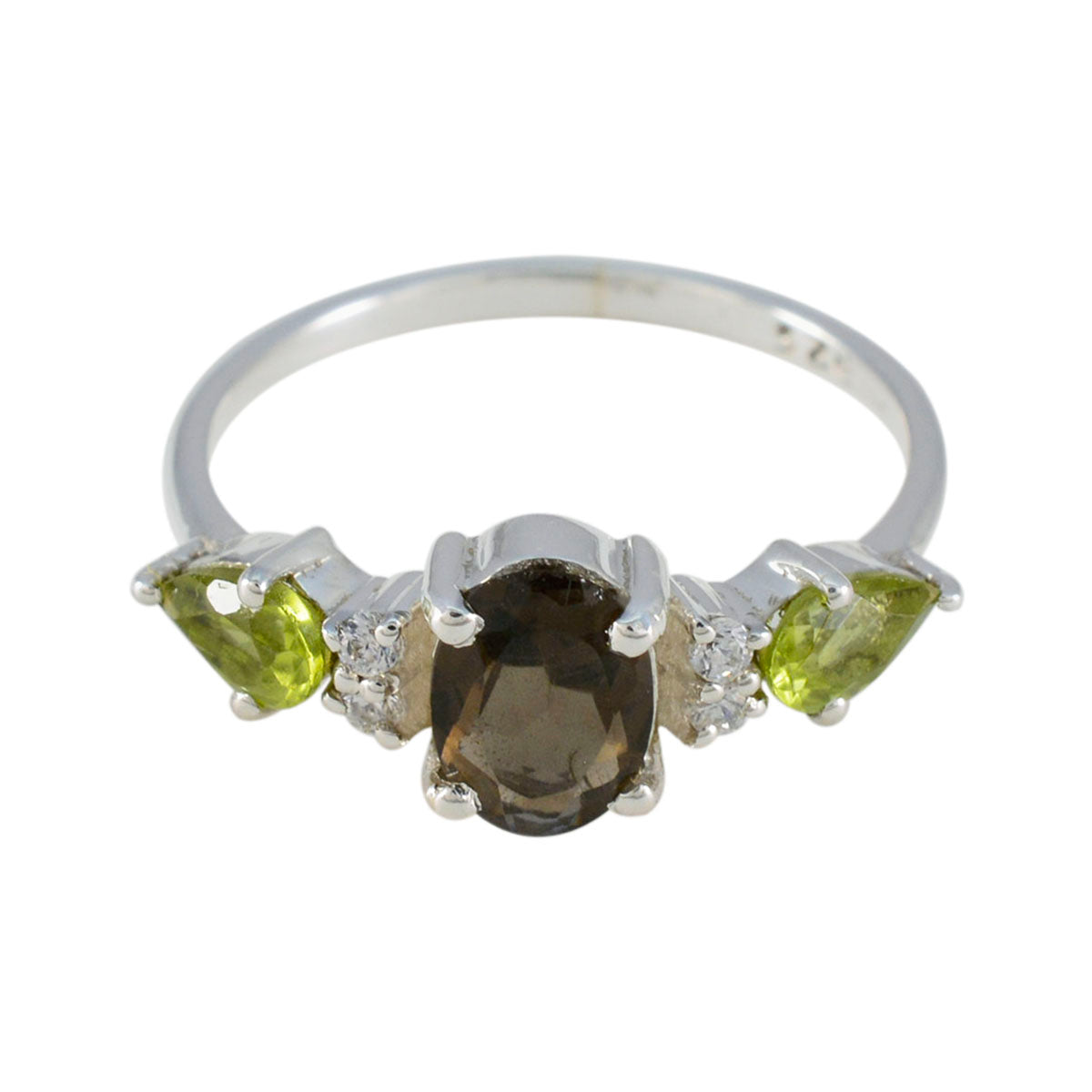 Naomi multicolor gemstone trilogy ring with green and brown gemstones on silver band