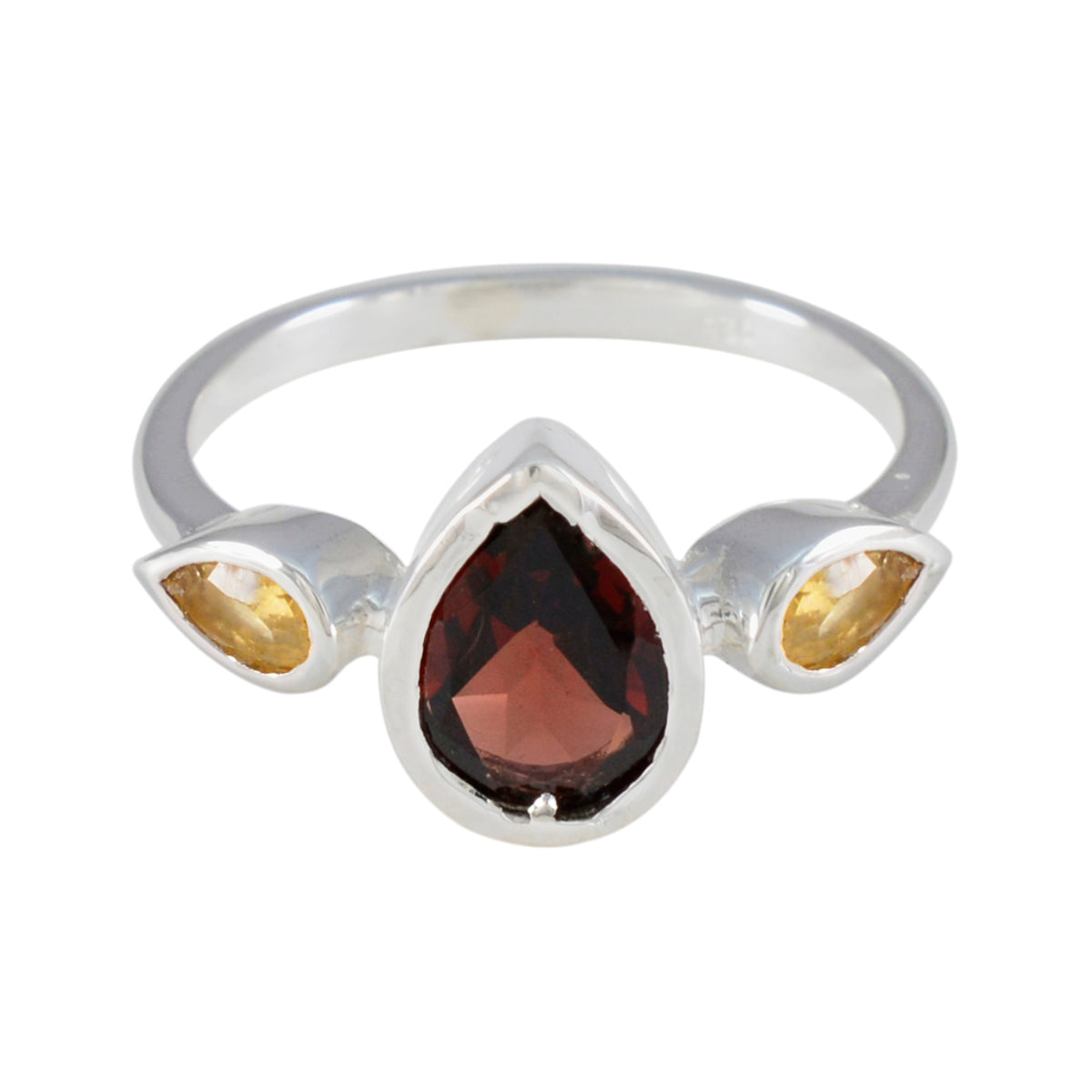 Lakshmi multicolor gemstone trilogy ring with pear-shaped red and yellow gemstones in silver setting