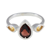 Lakshmi multicolor gemstone trilogy ring with pear-shaped red and yellow gemstones in silver setting