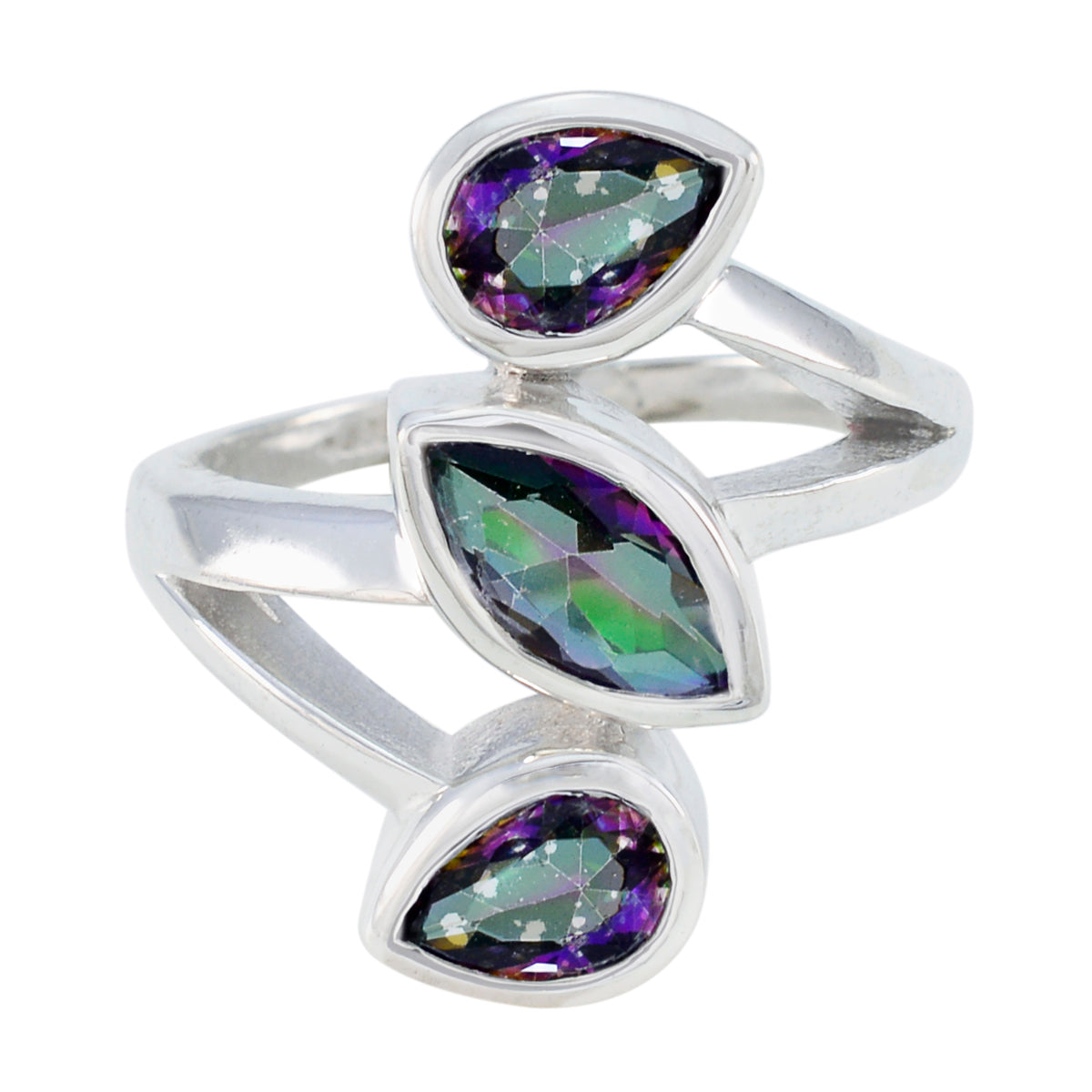 Katarina multicolor gemstone trilogy ring with three pear-shaped stones set in silver band
