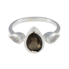 Xiu silver ring with pear shaped smoky center and two clear side stones multicolor gemstone trilogy ring