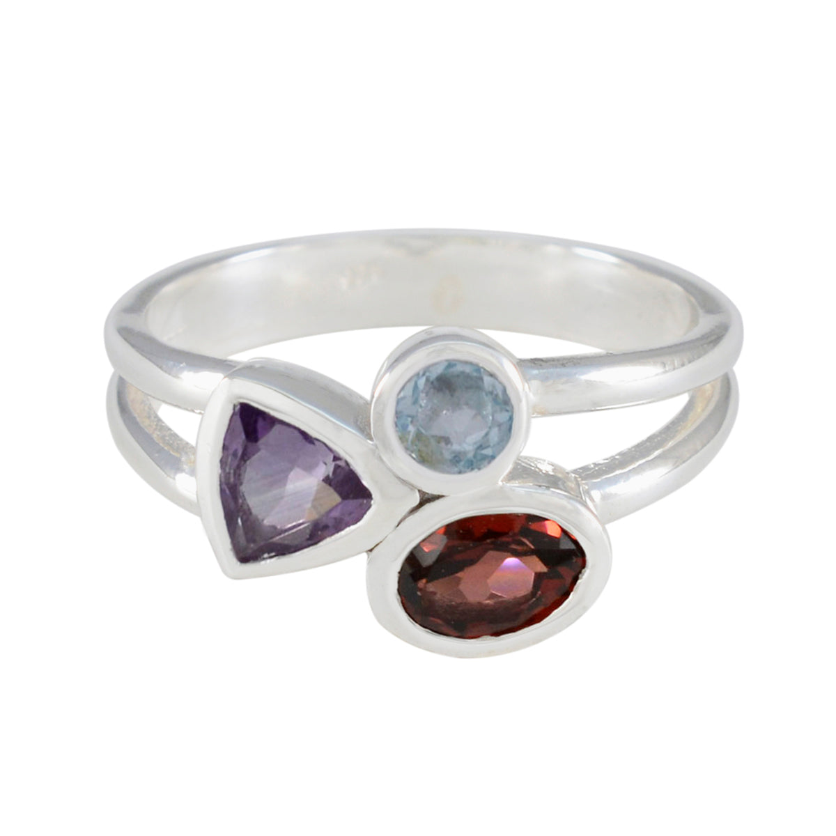 Siti multicolor gemstone trilogy ring with amethyst, aquamarine, and garnet stones set in silver band