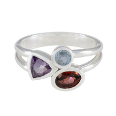Siti multicolor gemstone trilogy ring with amethyst, aquamarine, and garnet stones set in silver band
