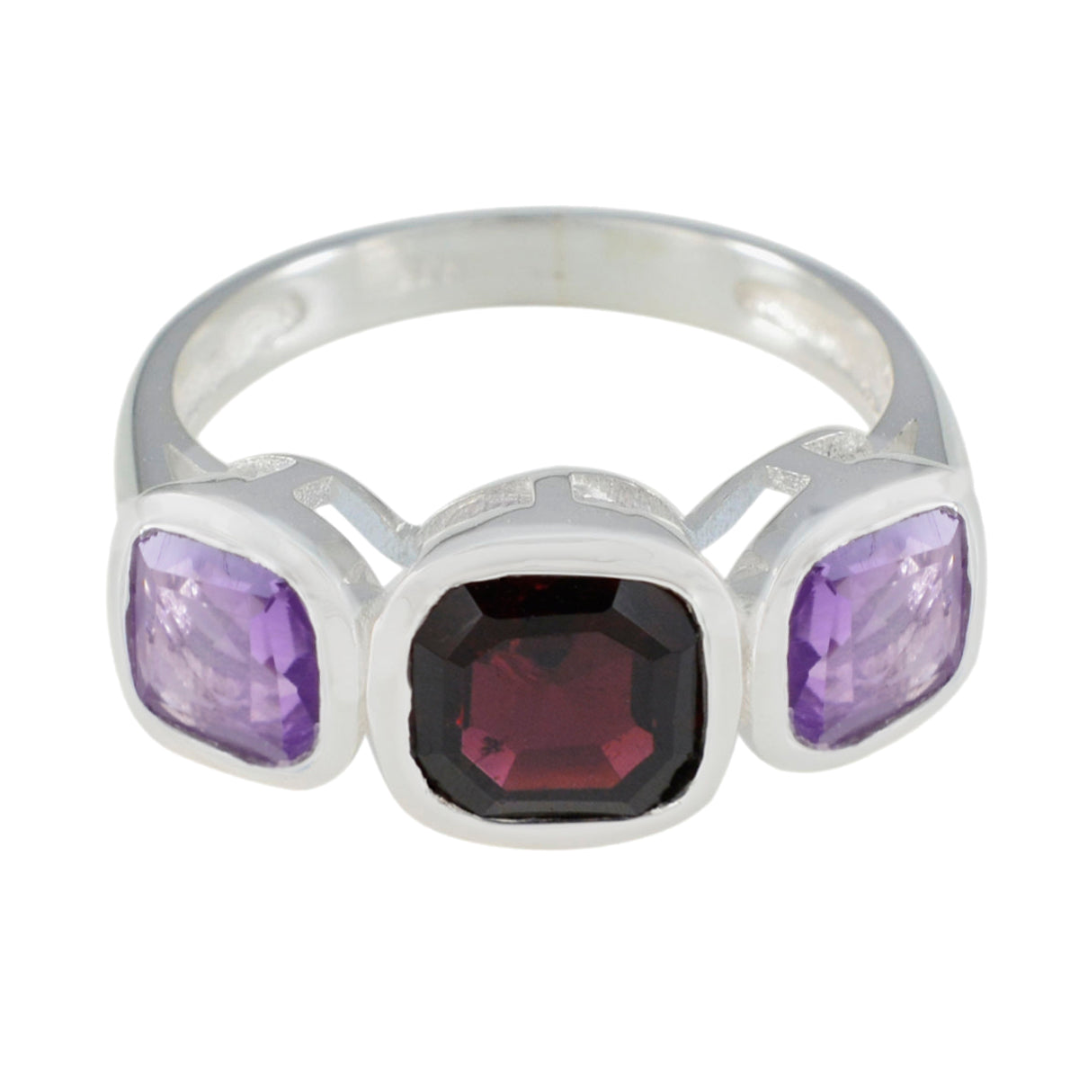 Mariana multicolor gemstone trilogy ring with purple and deep red gemstones set in silver band