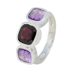 Mariana multicolor gemstone trilogy ring with purple and deep red stones set in silver band