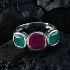 Isabella multicolor gemstone trilogy ring with two green and one red gemstone set in silver band