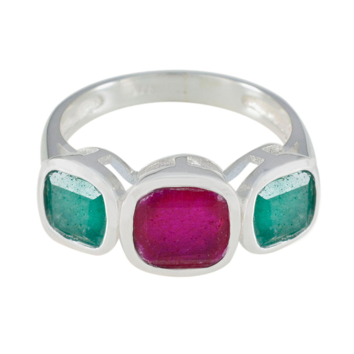 Isabella multicolor gemstone trilogy ring with one red and two green square stones set in silver band