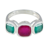 Isabella multicolor gemstone trilogy ring with one red and two green square stones set in silver band